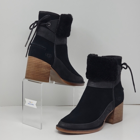 UGG Women's Wedge Block Boots Lace Up Shearling Suede 1104863 Size 6 Pre-owned - Picture 6 of 10